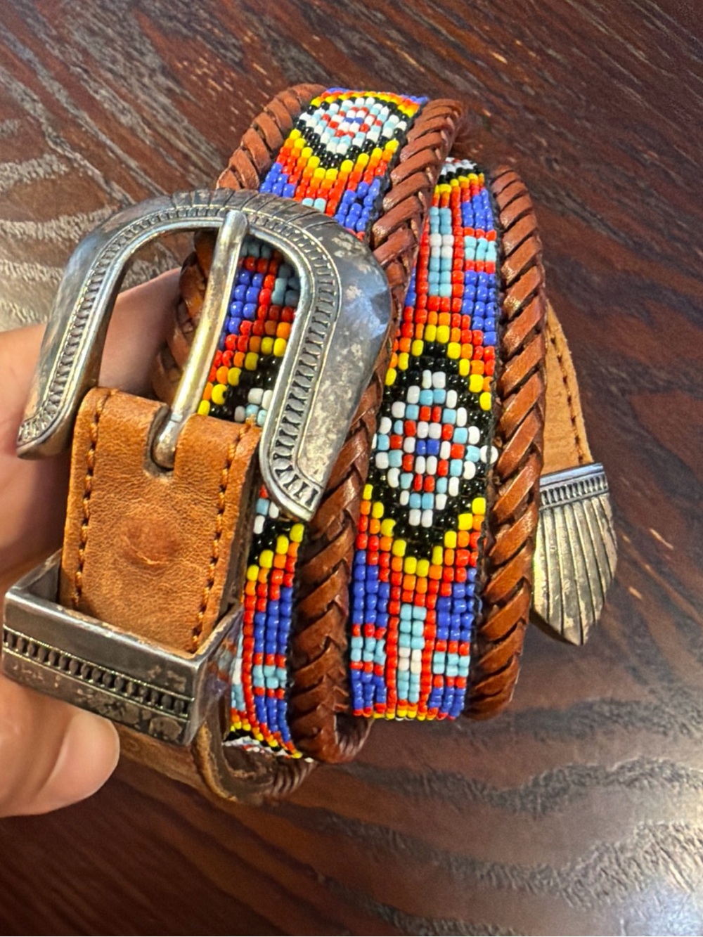 Vintage 1991 LL Bean Beaded Leather Belt 36 Southwestern Western Braided R619